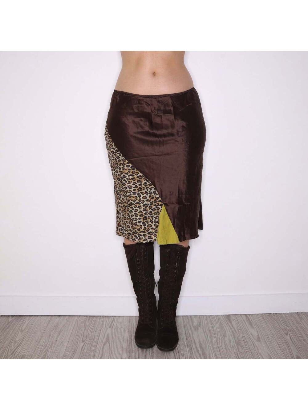 Y2K Patchwork Silk Brown and Leopard Print Midi Skirt (L)